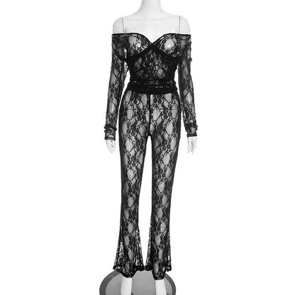 Off shoulder long sleeve lace see through pant set  | Festival Outfits Women