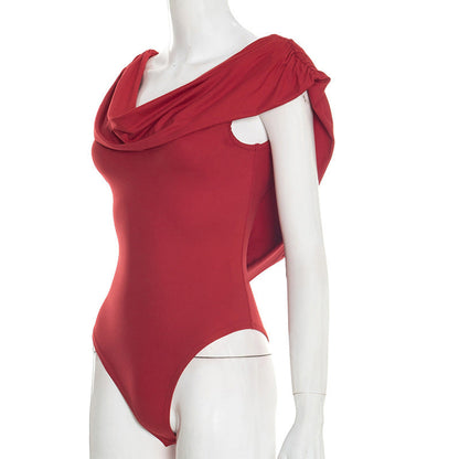 Cowl neck backless button solid ruched bodysuit  | Festival Outfits Women