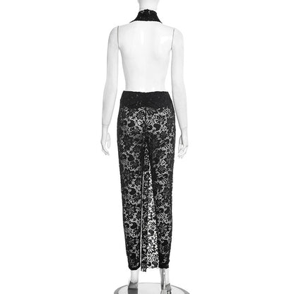 Halter deep V neck lace see through irregular jumpsuit  | Festival Outfits Women