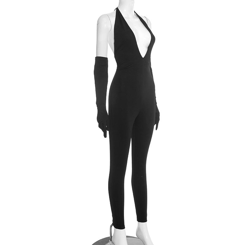 Halter self tie deep v neck backless jumpsuit  | Festival Outfits Women