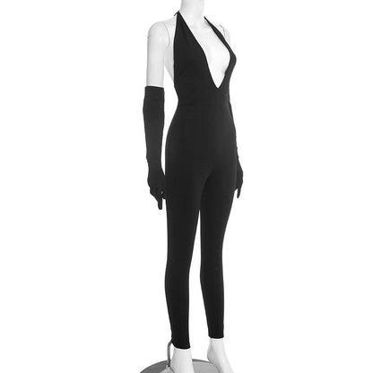 Halter self tie deep v neck backless jumpsuit  | Festival Outfits Women
