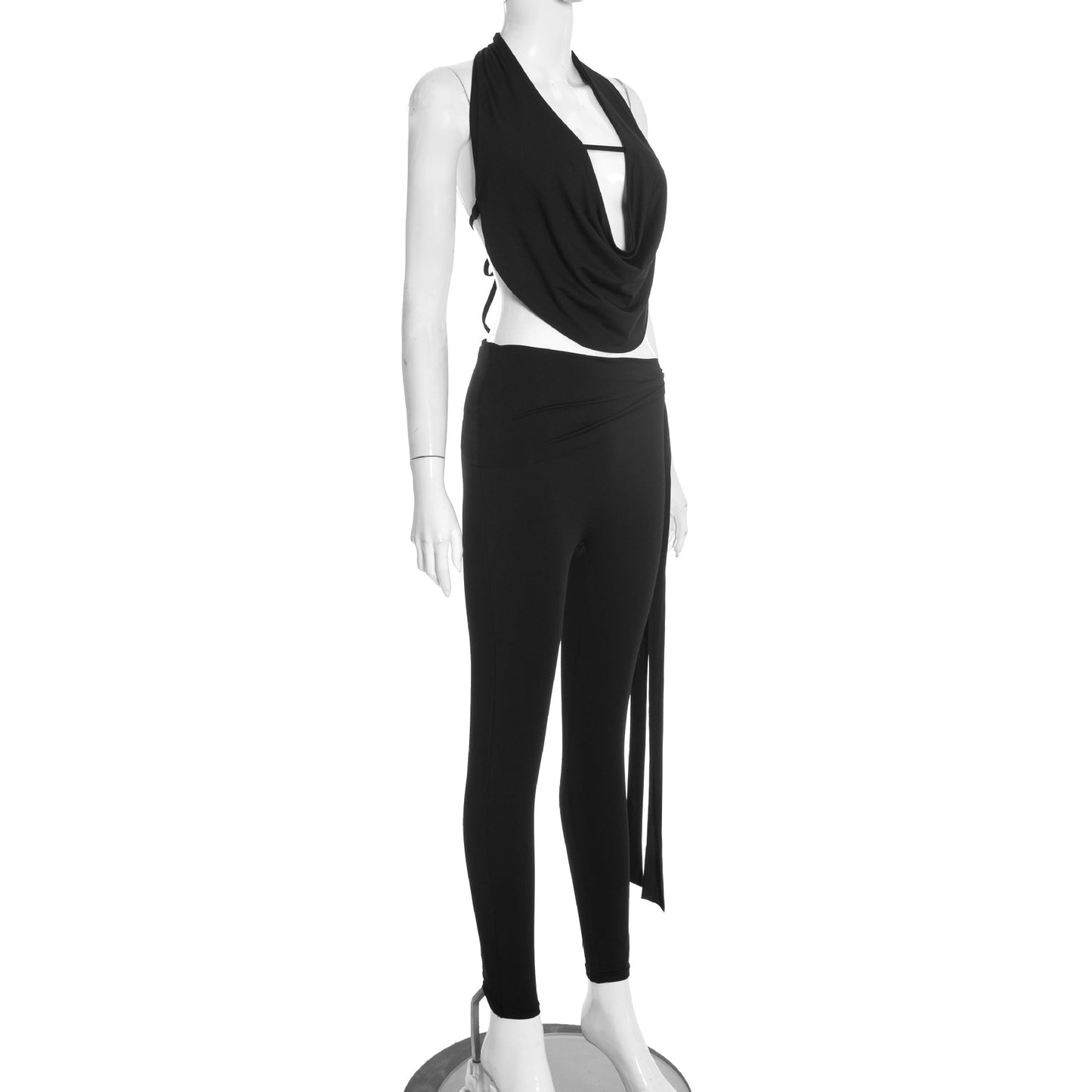 Self tie halter cowl neck irregular low rise pant set  | Festival Outfits Women