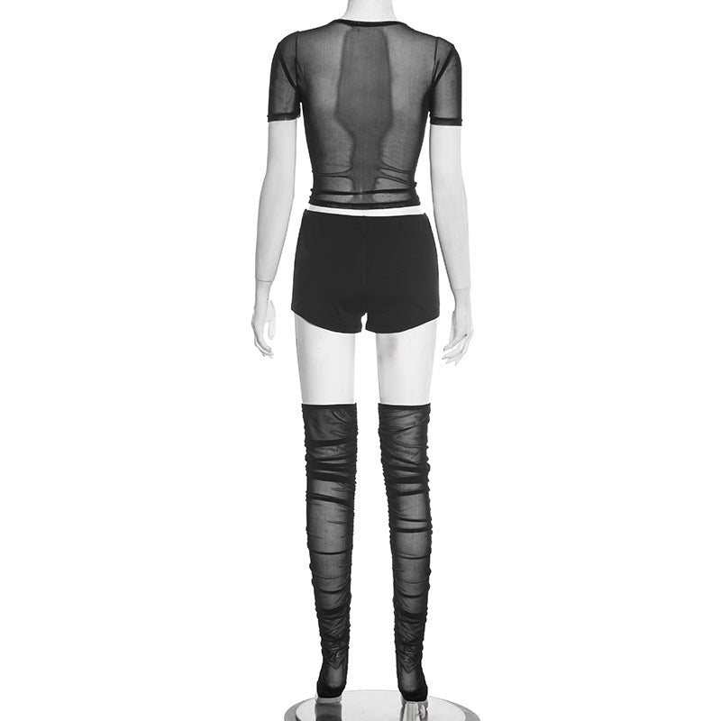 Short sleeve crewneck mesh ruched pant set  | Festival Outfits Women
