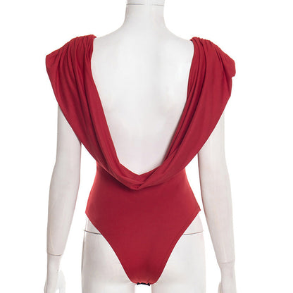 Cowl neck backless button solid ruched bodysuit  | Festival Outfits Women