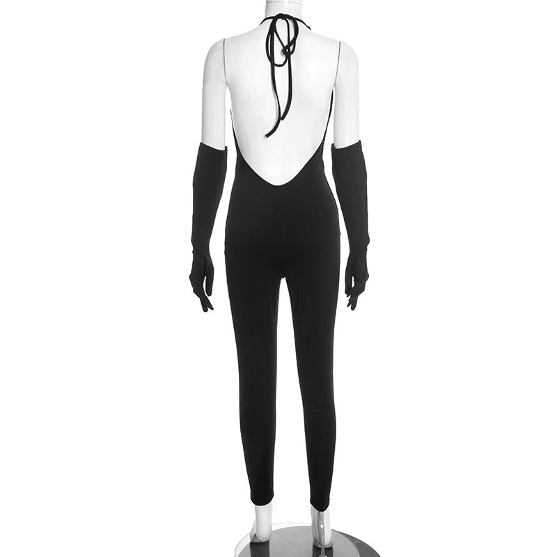 Halter self tie deep v neck backless jumpsuit  | Festival Outfits Women