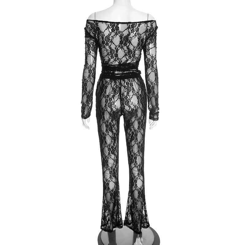Off shoulder long sleeve lace see through pant set  | Festival Outfits Women