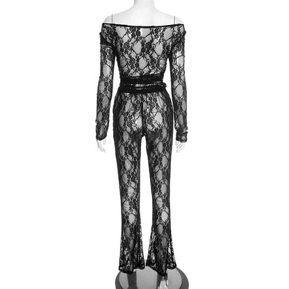 Off shoulder long sleeve lace see through pant set  | Festival Outfits Women