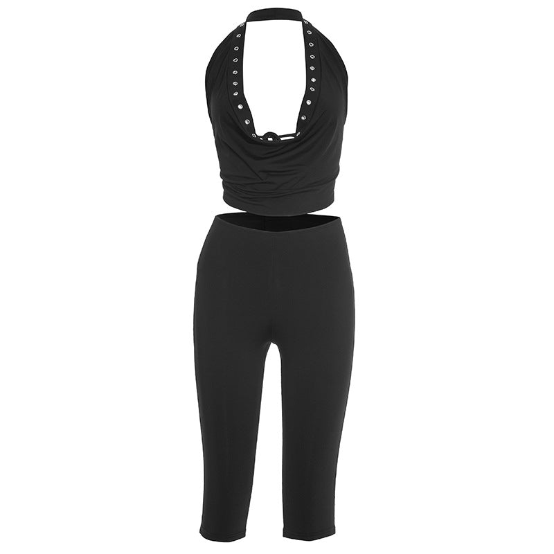 Halter self tie cowl neck hollow out pant set  | Festival Outfits Women