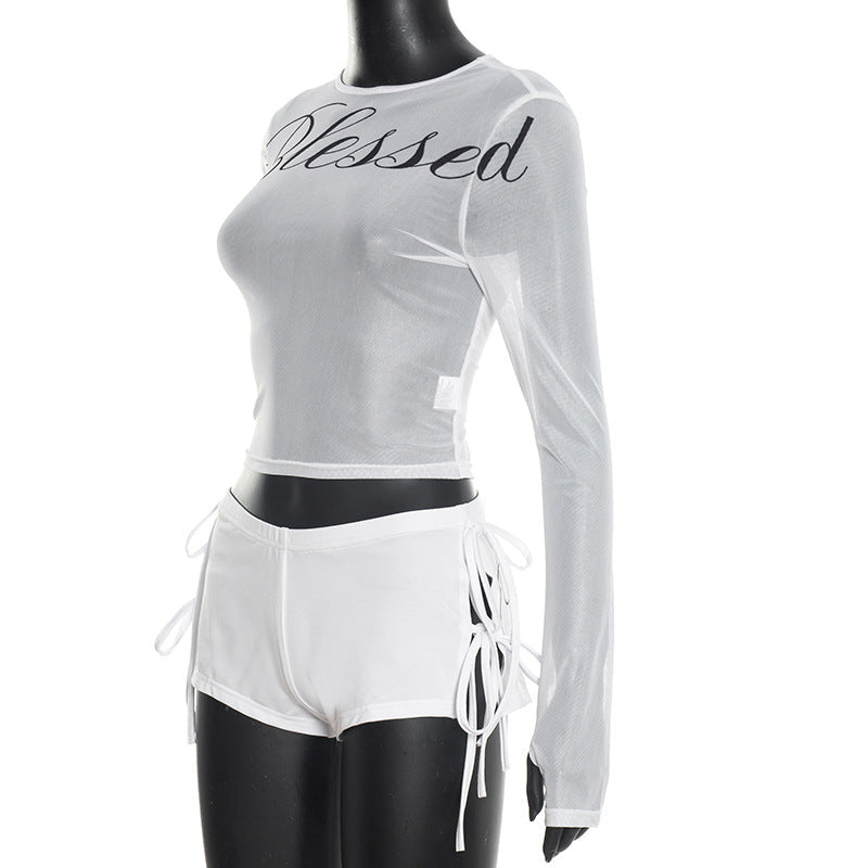 Long sleeve crewneck mesh letter pattern gloves pant set  | Festival Outfits Women