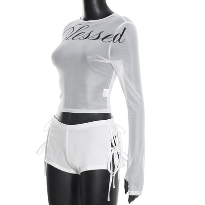 Long sleeve crewneck mesh letter pattern gloves pant set  | Festival Outfits Women