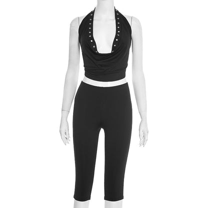 Halter self tie cowl neck hollow out pant set  | Festival Outfits Women