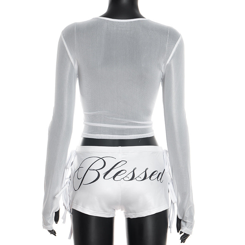 Long sleeve crewneck mesh letter pattern gloves pant set  | Festival Outfits Women