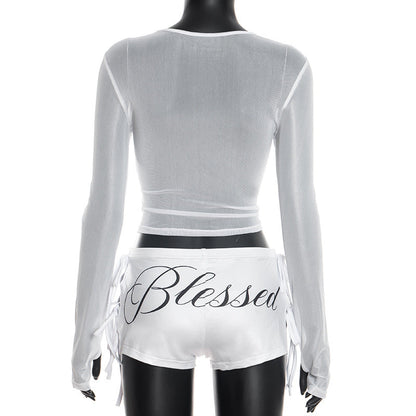 Long sleeve crewneck mesh letter pattern gloves pant set  | Festival Outfits Women