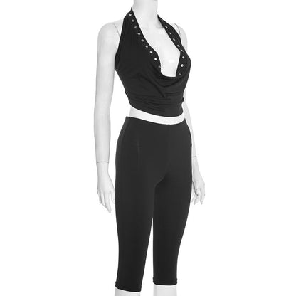 Halter self tie cowl neck hollow out pant set  | Festival Outfits Women