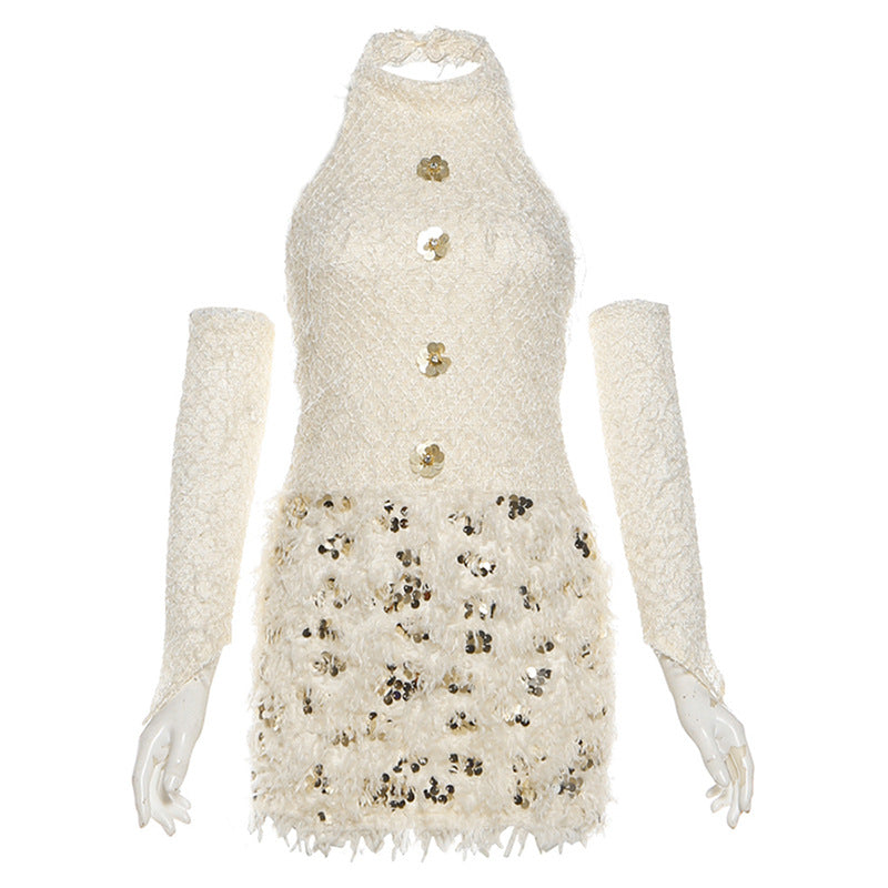 Halter glitter gloves raw hem backless mini dress  | Festival Outfits Women