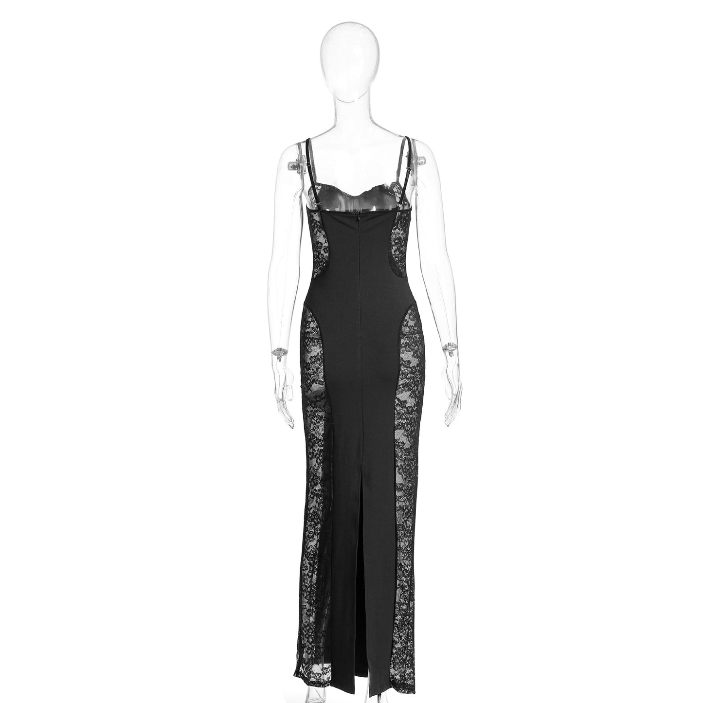 Lace slit v neck zip-up cami maxi dress  | Festival Outfits Women