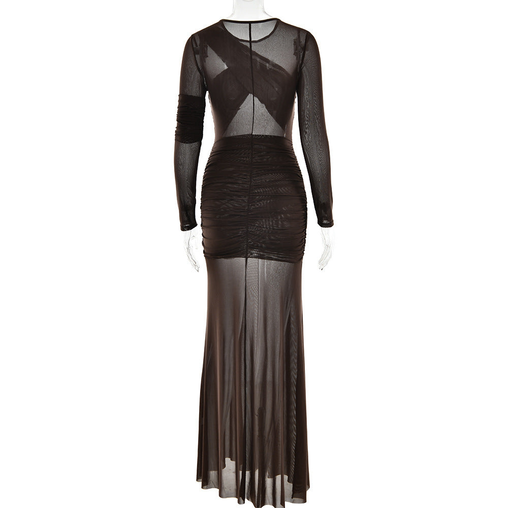 Crewneck long sleeve mesh ruched maxi dress  | Festival Outfits Women