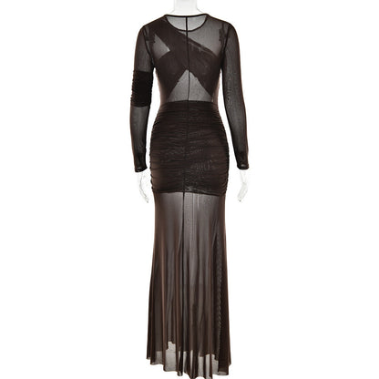 Crewneck long sleeve mesh ruched maxi dress  | Festival Outfits Women