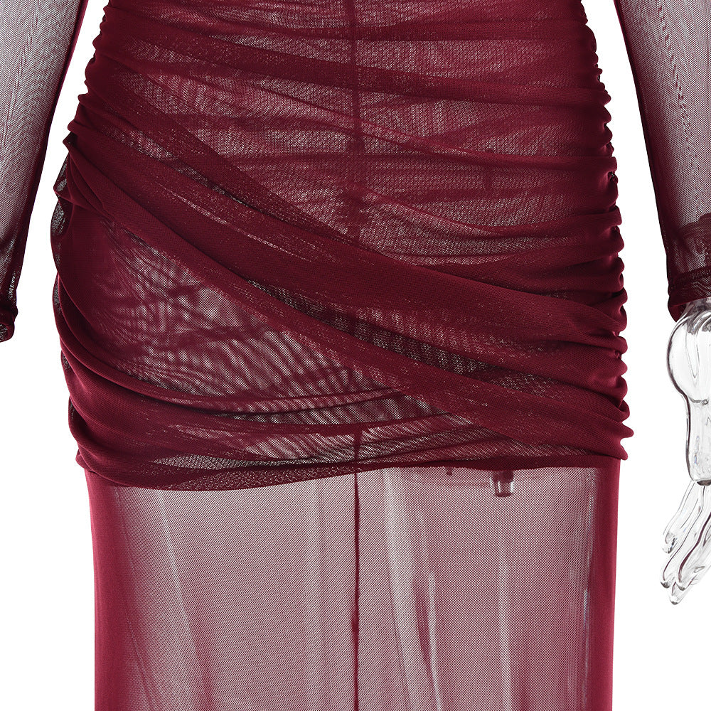 Crewneck long sleeve mesh ruched maxi dress  | Festival Outfits Women