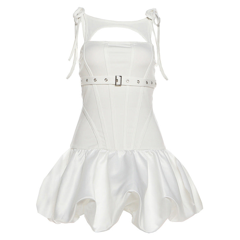 Hollow out self tie ruched buckle mini dress  | Festival Outfits Women