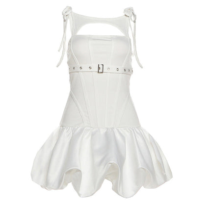 Hollow out self tie ruched buckle mini dress  | Festival Outfits Women