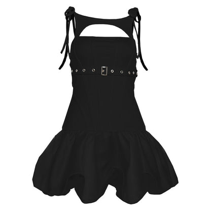 Hollow out self tie ruched buckle mini dress  | Festival Outfits Women