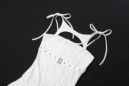Hollow out self tie ruched buckle mini dress  | Festival Outfits Women