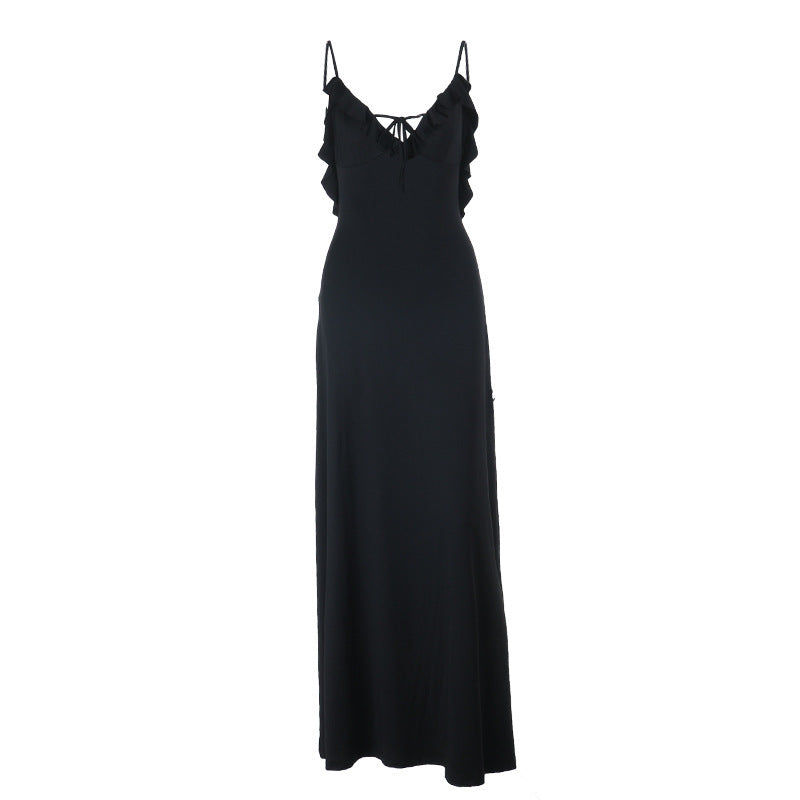 Ruffle v neck self tie backless cami maxi dress  | Festival Outfits Women