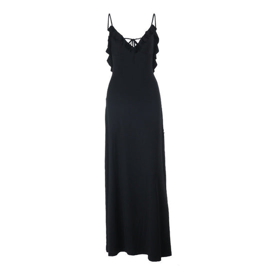 Ruffle v neck self tie backless cami maxi dress  | Festival Outfits Women