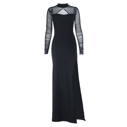Long sleeve crewneck slit solid mesh maxi dress  | Festival Outfits Women