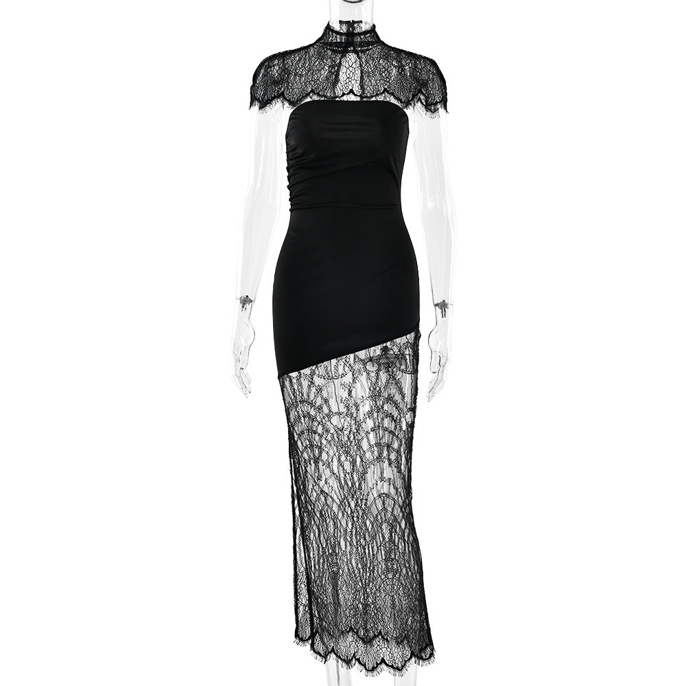 High neck lace hem shrug backless 2 piece midi dress  | Festival Outfits Women