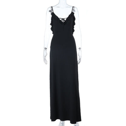Ruffle v neck self tie backless cami maxi dress  | Festival Outfits Women