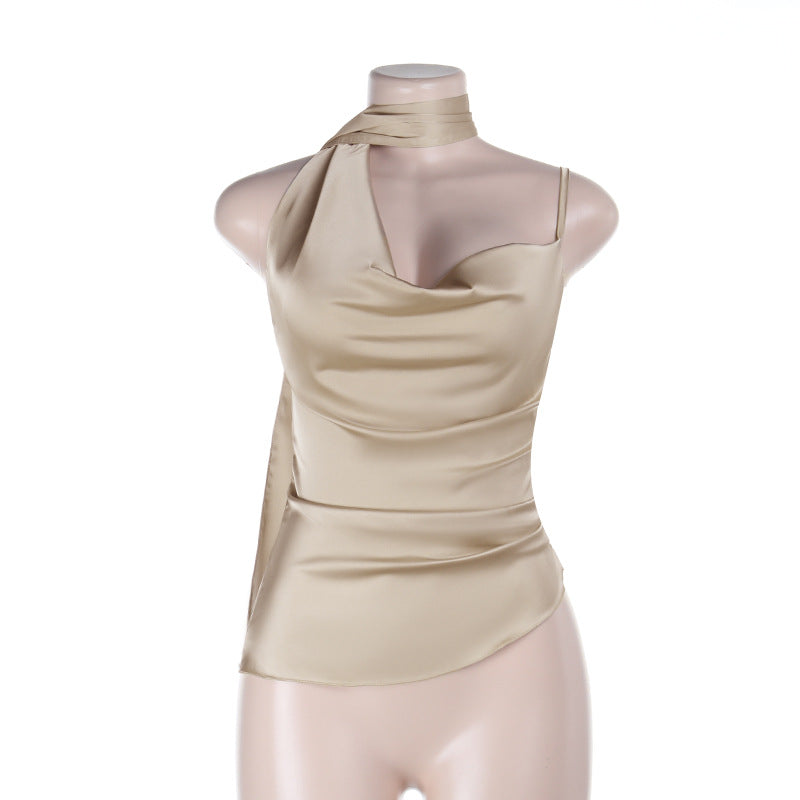 Cowl neck irregular pleated zip-up cami top  | Festival Outfits Women