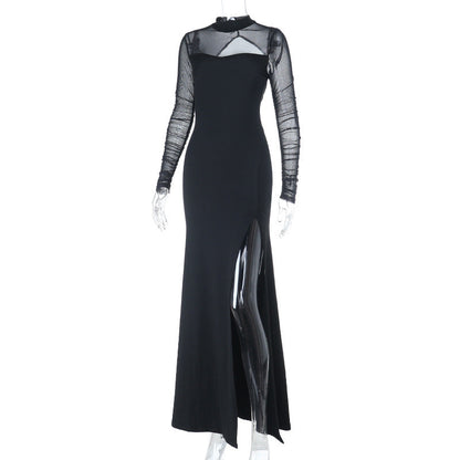 Long sleeve crewneck slit solid mesh maxi dress  | Festival Outfits Women