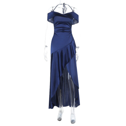 Satin slit ruffle halter self tie ruched midi dress  | Festival Outfits Women
