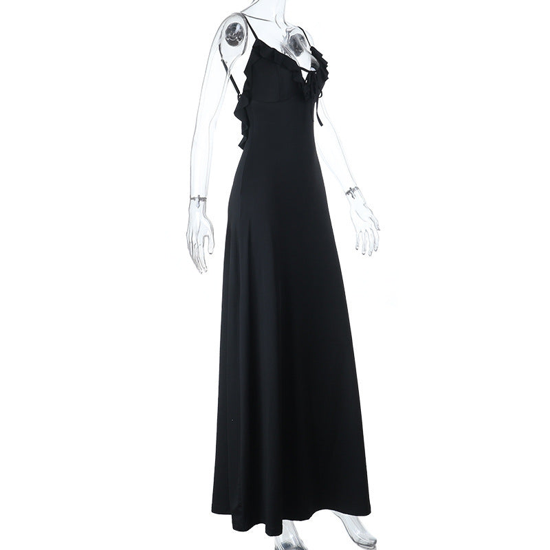 Ruffle v neck self tie backless cami maxi dress  | Festival Outfits Women