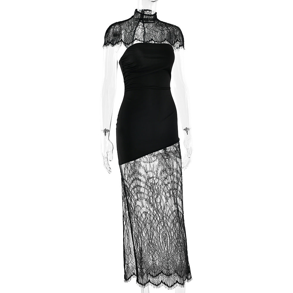 High neck lace hem shrug backless 2 piece midi dress  | Festival Outfits Women
