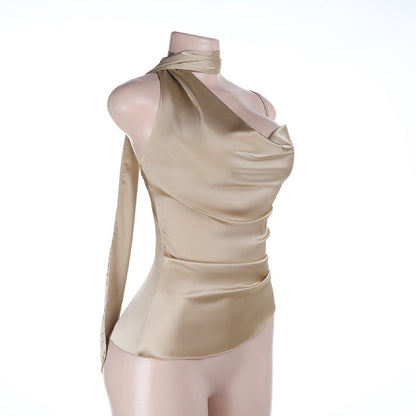 Cowl neck irregular pleated zip-up cami top  | Festival Outfits Women