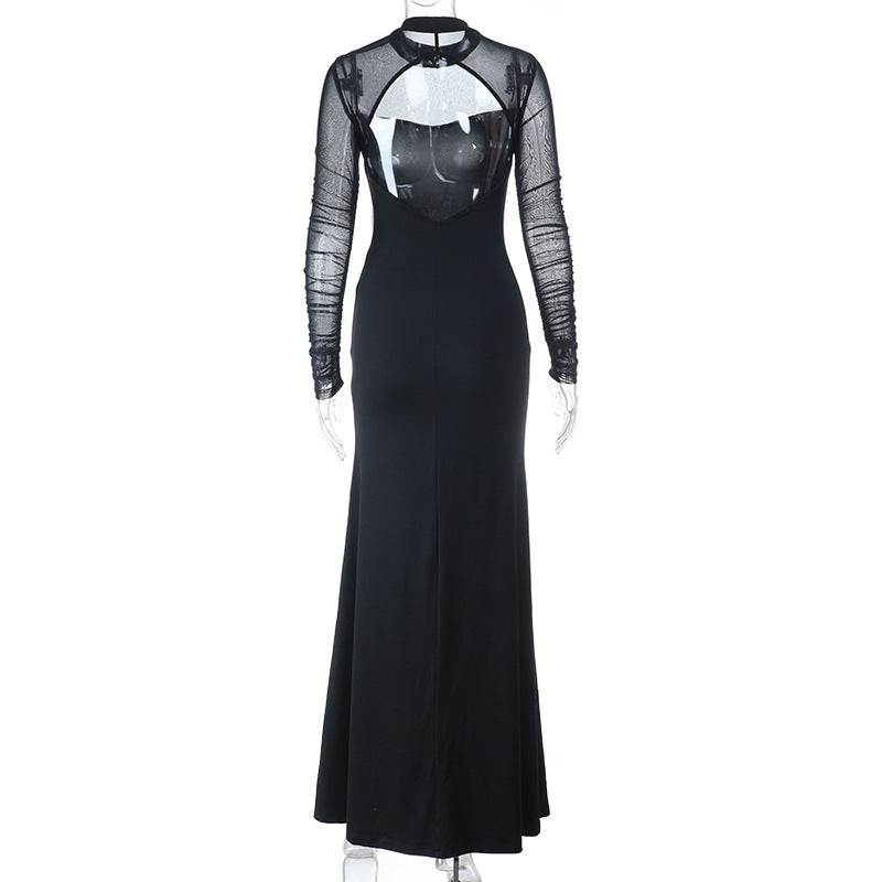 Long sleeve crewneck slit solid mesh maxi dress  | Festival Outfits Women