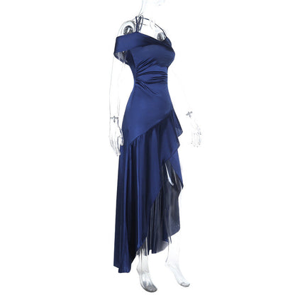 Satin slit ruffle halter self tie ruched midi dress  | Festival Outfits Women