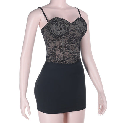 Lace up v neck lace backless cami mini dress  | Festival Outfits Women