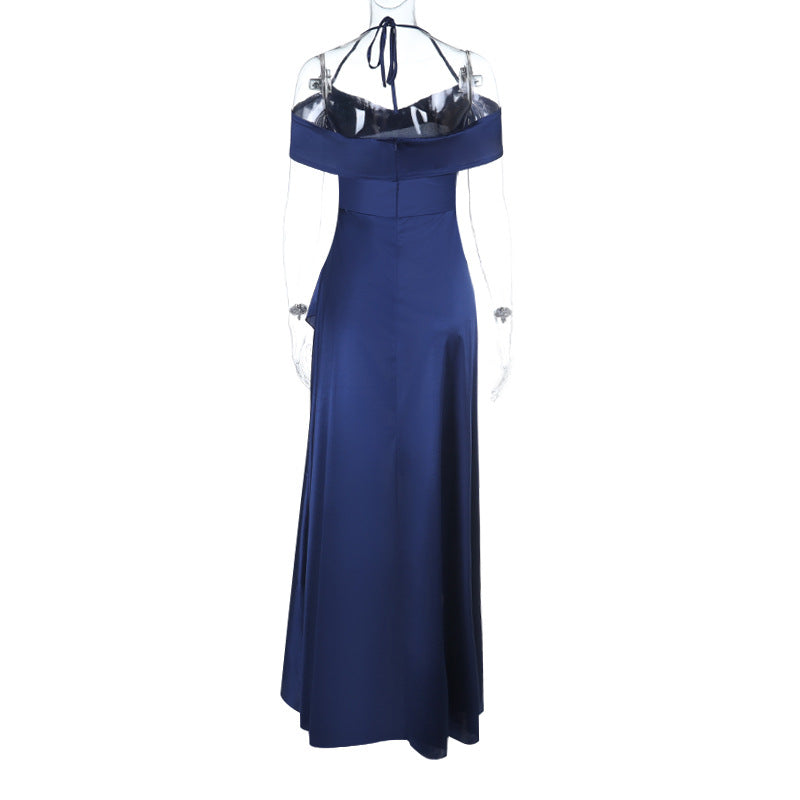 Satin slit ruffle halter self tie ruched midi dress  | Festival Outfits Women