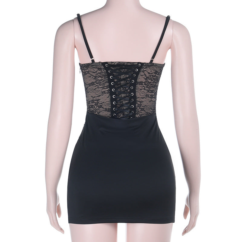 Lace up v neck lace backless cami mini dress  | Festival Outfits Women