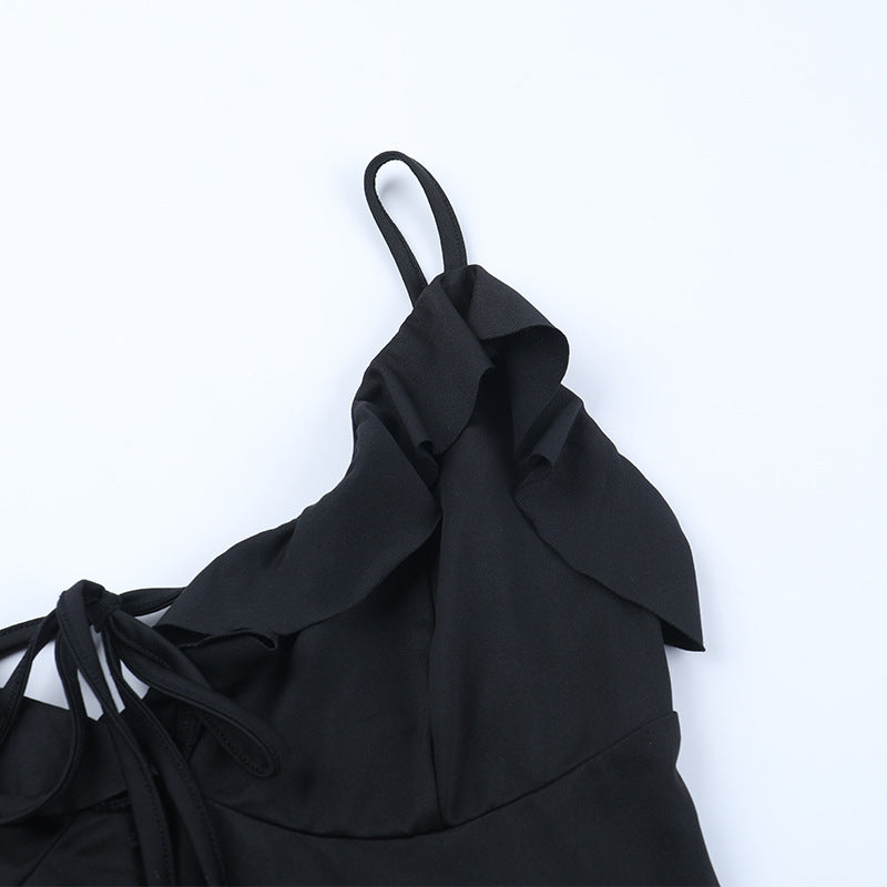 Ruffle v neck self tie backless cami maxi dress  | Festival Outfits Women