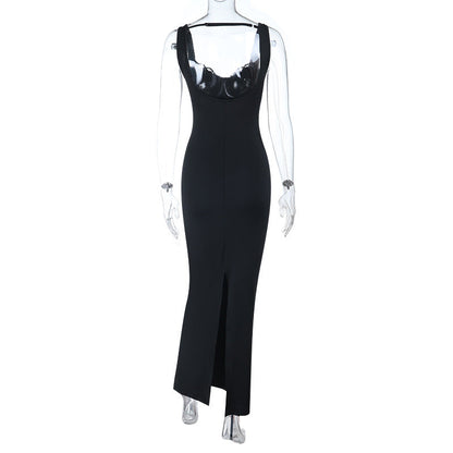 Lace hem slit v neck backless cami maxi dress  | Festival Outfits Women