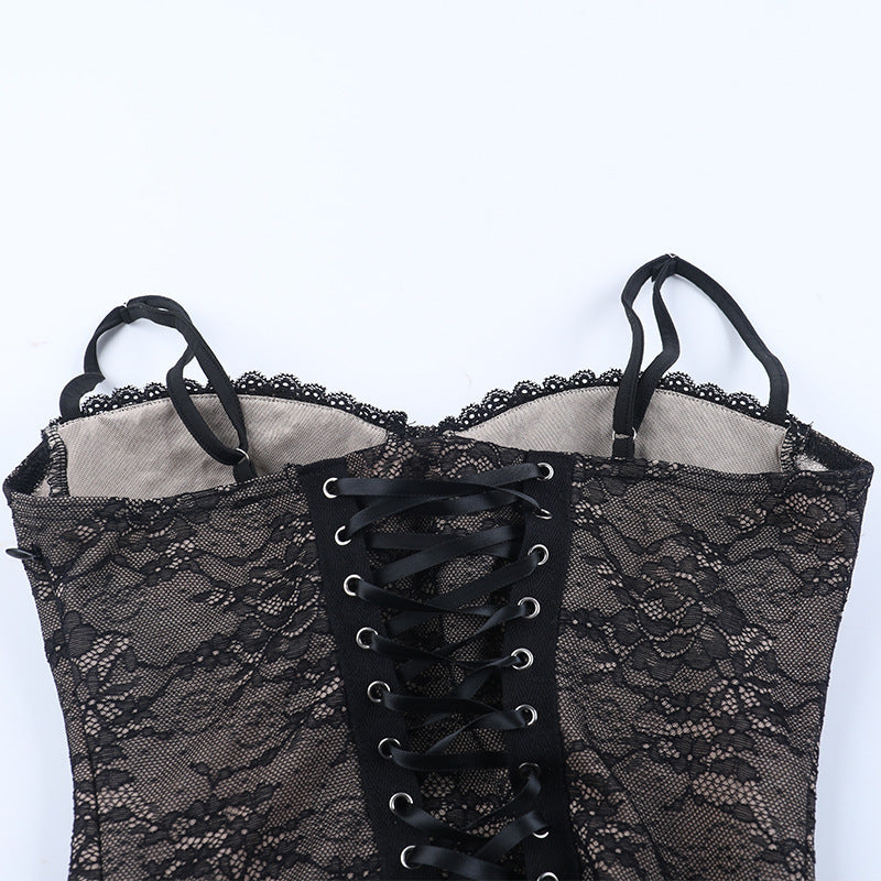 Lace up v neck lace backless cami mini dress  | Festival Outfits Women