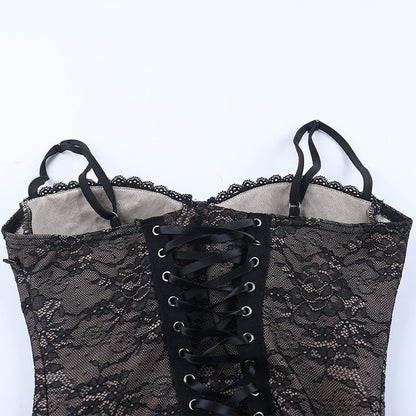Lace up v neck lace backless cami mini dress  | Festival Outfits Women