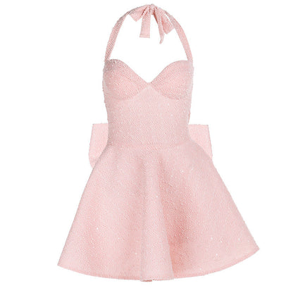 Self tie halter bowknot zip-up v neck mini dress  | Festival Outfits Women