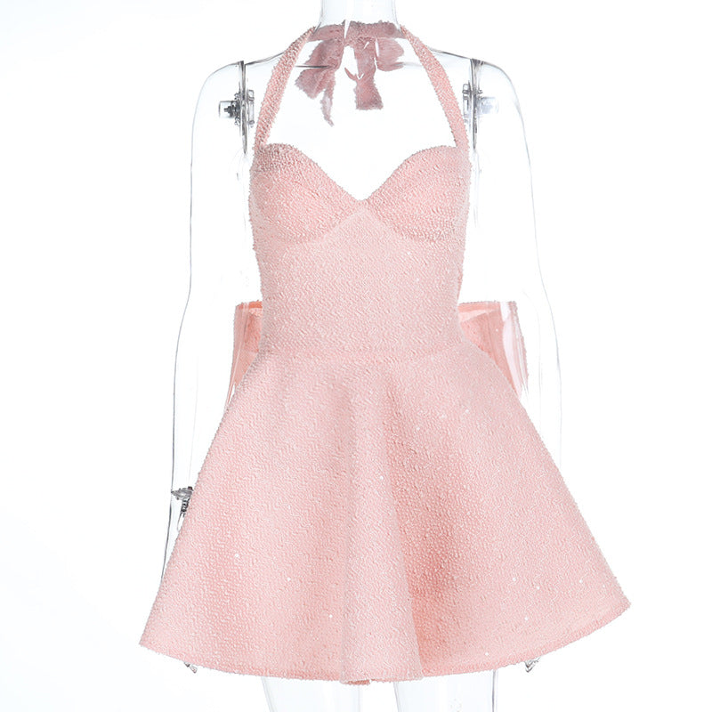Self tie halter bowknot zip-up v neck mini dress  | Festival Outfits Women