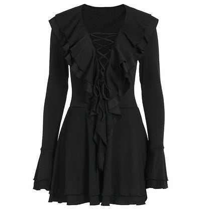 Long flared sleeve ruffle lace up solid mini dress  | Festival Outfits Women
